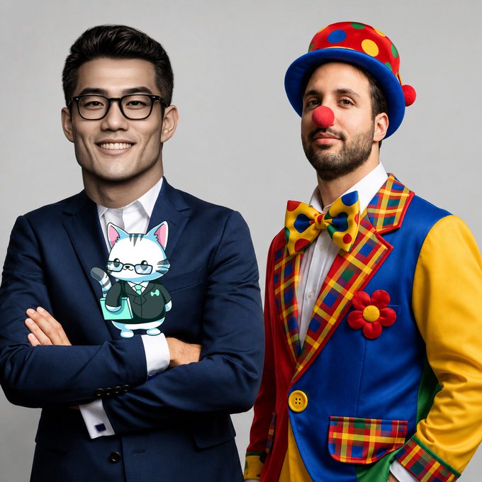 Two men pose together—one in a sharp navy business suit with arms crossed, the other in a vibrant clown costume complete with a polka-dot top hat, red nose, and colorful patchwork jacket—while a cartoon cat mascot in a suit peeks out from the suited man's chest area. The image visually contrasts professional credibility (Multicoin Capital's serious VC image) with absurdity (the clown), satirizing the post's narrative that despite Kyle Samani's refusal to back Hyperliquid, Multicoin ended up buying $400M of $HYPE—looking foolish in the process.