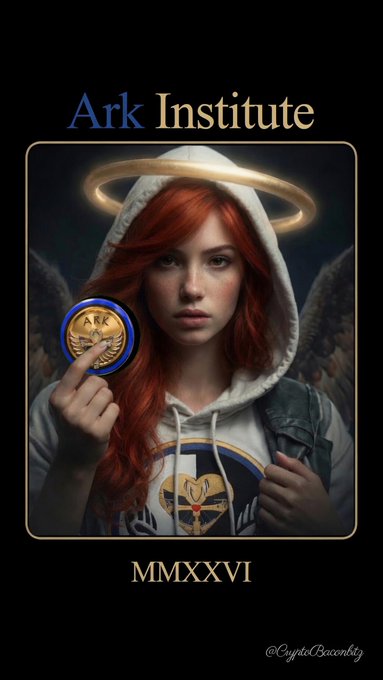 A stylized portrait of a red-haired woman wearing a hoodie and halo holds up a coin with an 'ARK' logo, under the text 'Ark Institute' and 'MMXXVI'.