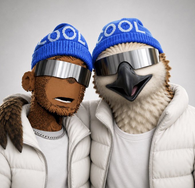 Two 3D-style illustrated characters wearing white puffer jackets, blue beanies with 'COOL' written on them, and futuristic silver visors; one appears to be a monkey and the other a bird.