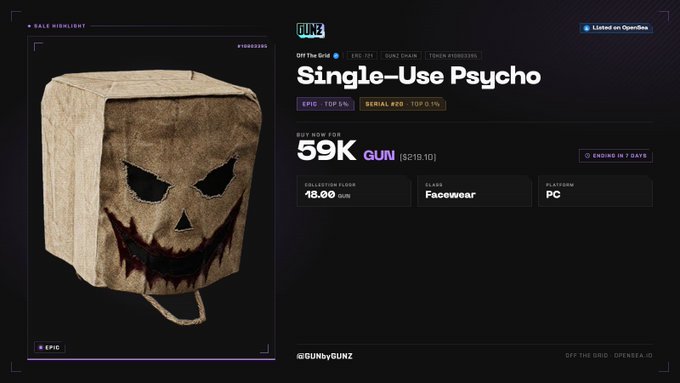 A marketplace listing for a 'Single-Use Psycho' Facewear item by GUNbyGUNZ (Off The Gun, Epic tier), priced at 59K GUN, ending in 7 days.