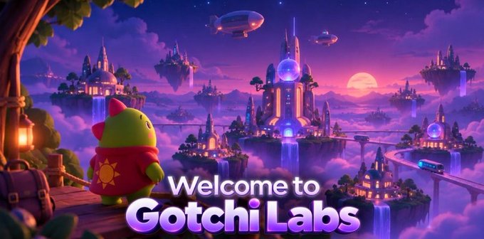 A vibrant purple-toned fantasy landscape featuring floating islands, castles, and airships, with a green mascot character and the text 'Welcome to Gotchi Labs' in the foreground.