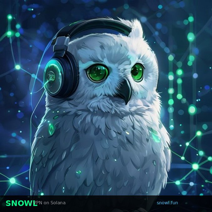A white owl wearing black headphones with green glowing accents sits against a digital network background; text reads 'SNOWVPN on Solana' and 'snowl.fun'.