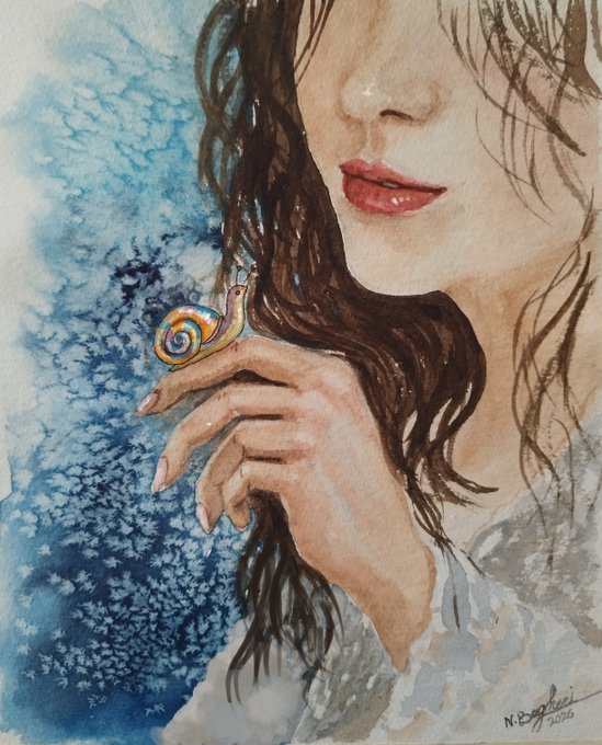 A watercolor painting signed "N.P. 2026" depicting a woman with long dark hair holding a colorful snail, set against a blue background dotted with small white stars.