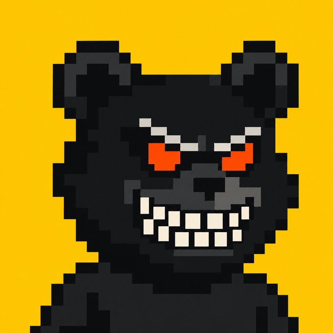 A pixel art illustration of a menacing black bear-like character with glowing red eyes and sharp white teeth against a bright yellow background.