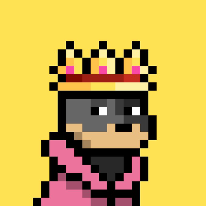 A pixel art character with a gray helmet or mask wearing a golden crown with jewels, dressed in pink clothing against a yellow background.