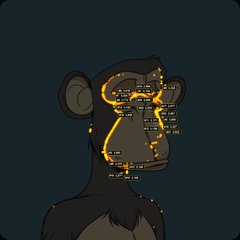 A digital illustration depicts a dark-furred monkey profile with glowing orange technological circuits and data overlays on its face.