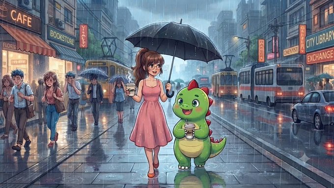 An animated illustration of a woman in a pink dress holding an umbrella and a coffee cup, walking alongside a green dinosaur mascot on a rainy city street with signs for 'CAFE', 'BOOKSTORE', and 'CITY LIBRARY EXCHANGE'.