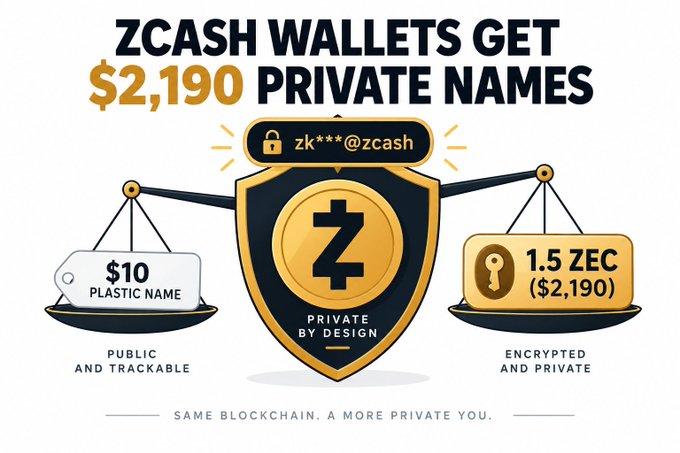 A promotional graphic for Zcash titled 'ZCASH WALLETS GET $2,190 PRIVATE NAMES,' comparing a $10 public plastic name with a 1.5 ZEC ($2,190) encrypted private name, featuring a shield logo and the tagline 'SAME BLOCKCHAIN. A MORE PRIVATE YOU.'