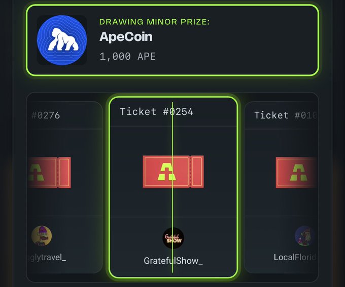 A digital raffle interface highlights a 'DRAWING MINOR PRIZE' of 'ApeCoin 1,000 APE', with the winning 'Ticket #0254' owned by 'GratefulShow_' centered in a green box.
