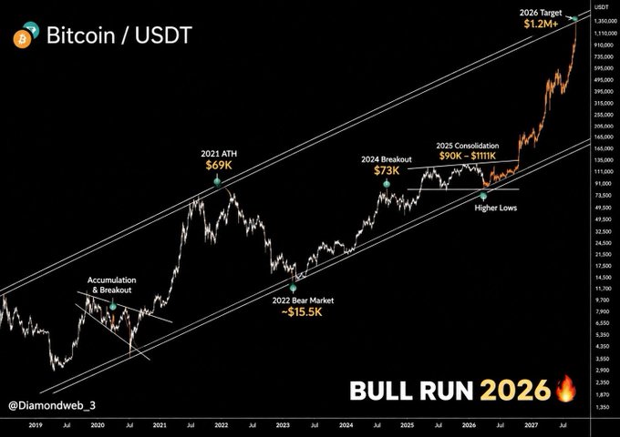 The image shows a Bitcoin/USDT chart from 2019 to 2027 highlighting a long-term ascending channel with key milestones: 2021 ATH at $69K, 2022 bear market bottom around $15.5K, 2024 breakout at $73K, 2025-2026 consolidation between $90K-$111K, and a projected 2026 target of $1.2M+, captioned "BULL RUN 2026." The chart visually supports the post's narrative by illustrating how Bitcoin has consistently respected this rising structure across multiple market cycles, with each successive consolidation leading to higher lows and ultimately a projected parabolic breakout.