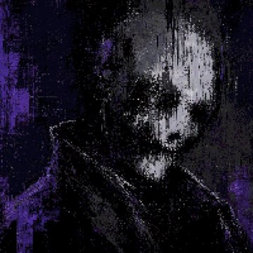 A dark, glitch-art style portrait of a person with short hair, rendered in purple and black with vertical distortion effects and a gritty, digital aesthetic.