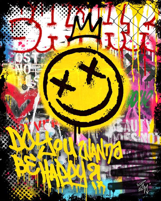 A vibrant graffiti-style digital artwork featuring a yellow smiley face with X-eyes wearing a crown, accompanied by bold yellow spray-painted text reading "DON'T WANT TO BE HAPPY" along with phrases like "LOST NOT FOUND" and "LOVE," visually representing the edition "Be Happy" by artist svofshahr listed for sale on bluescreen.