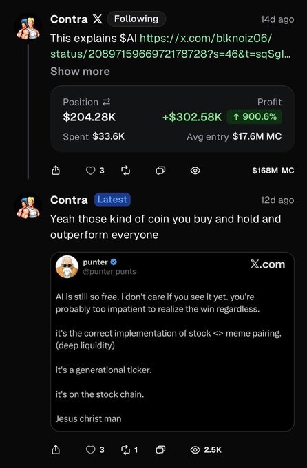 A screenshot of a tweet from "Contra" showing a $204.28K position in $AI with a +900.6% profit ($302.58K gain) alongside a follow-up post claiming the coin is a "generational ticker" that outperforms when held.