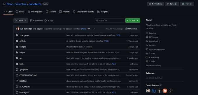 A GitHub repository page for 'Nano-Collective / nanoterm,' showing recent commits including 'ci: call the shared update-badges workflow (#31)' and other development updates.