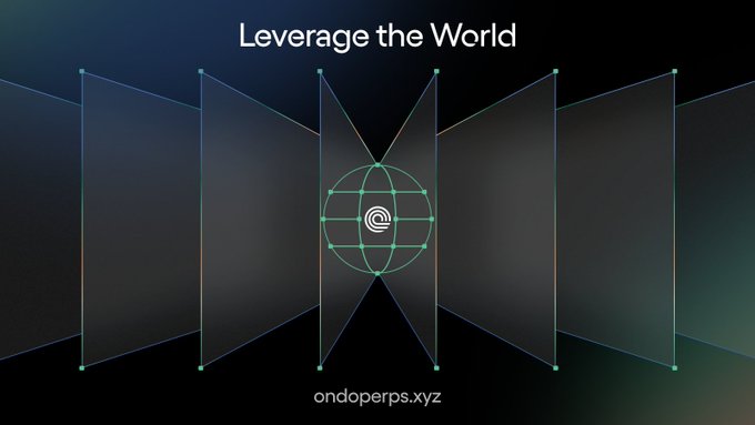 A promotional graphic with the text 'Leverage the World' and the URL 'ondoperps.xyz' over a dark background with geometric line designs.