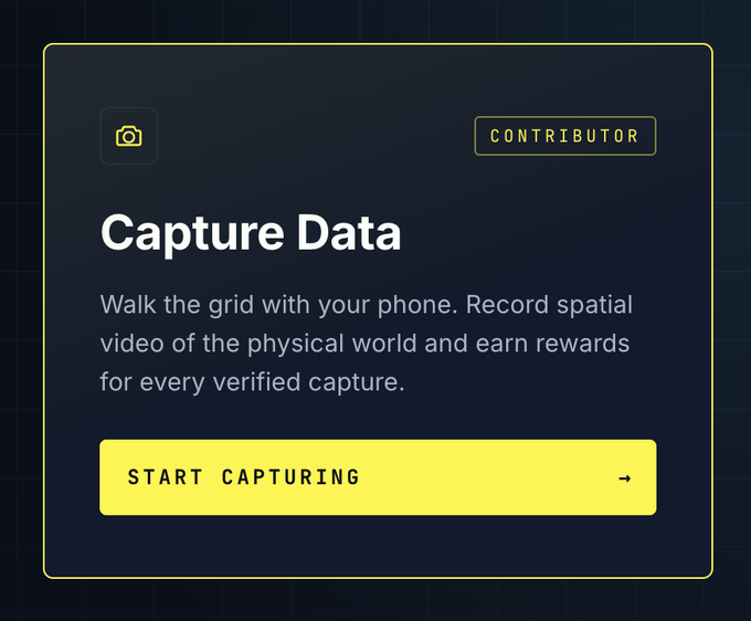 A dark interface card titled 'Capture Data' with a 'CONTRIBUTOR' badge and yellow 'START CAPTURING →' button, inviting users to 'Walk the grid with your phone. Record spatial video of the physical world and earn rewards for every verified capture.'