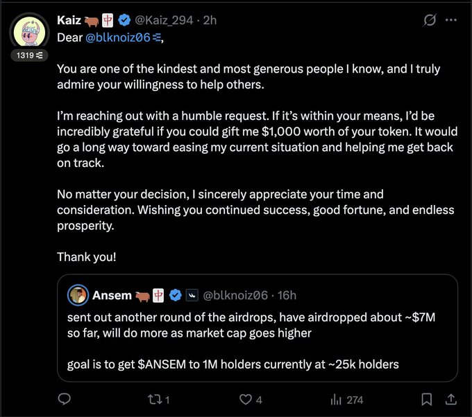 A screenshot of a tweet from user 'Kaiz' (@Kaiz_294) directly asking @blknoiz06 for $1,000 worth of tokens, quoting Ansem's tweet about air-dropping $ANSEM to reach 1M holders.