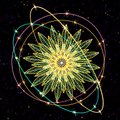 An atom-like emblem with green flower petals at its center, surrounded by orbiting colored nodes on a dark background.