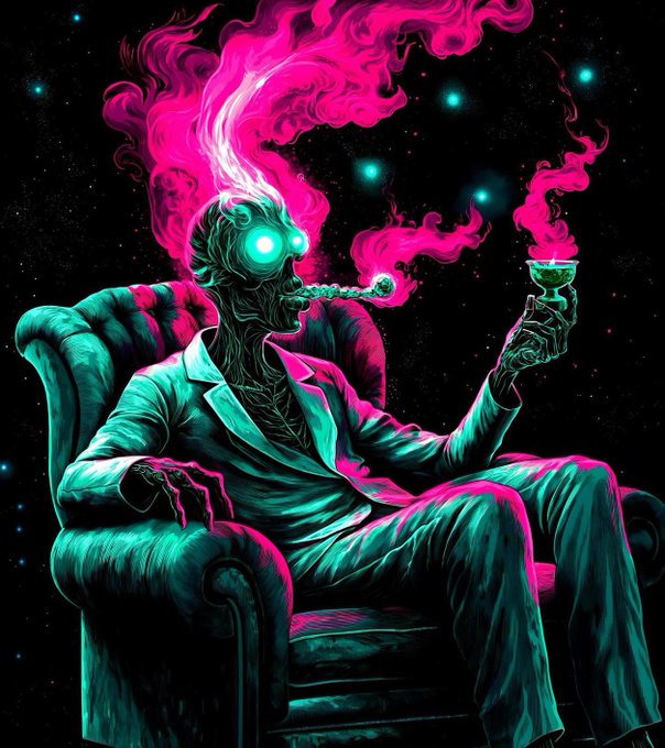 A stylized illustration depicts a skeletal, glowing-eyed figure in a suit sitting in an armchair, smoking a cigar that billows bright pink smoke, while holding up a small glass.