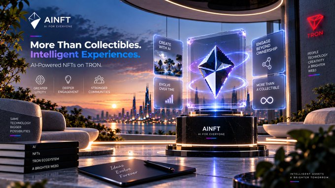 A promotional graphic for 'AINFT AI FOR EVERYONE' on the TRON network, featuring a futuristic cityscape, an Ethereum logo display, and text highlighting 'AI-Powered NFTs on TRON' with benefits like greater utility and deeper engagement.