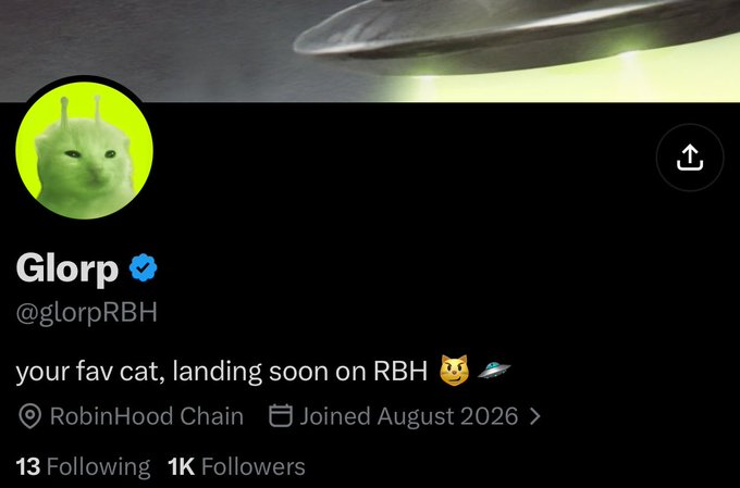 A Twitter/X profile screenshot for 'Glorp' (@glorpRBH), showing a green alien cat avatar, a banner with a UFO, and the bio 'your fav cat, landing soon on RBH 🐱🛸' with location listed as RobinHood Chain, joined August 2026.