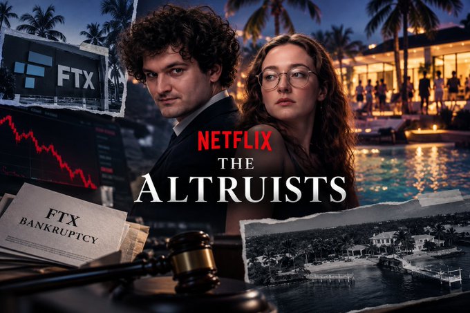 Promotional artwork for 'NETFLIX THE ALTRUISTS' shows two actors surrounded by torn-paper clippings of the FTX logo, a downward red stock chart, 'FTX BANKRUPTCY', and a gavel.