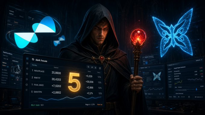 A hooded figure holding a glowing staff stands before multiple screens displaying cryptocurrency trading data, with a digital token logo and a glowing blue butterfly visible.