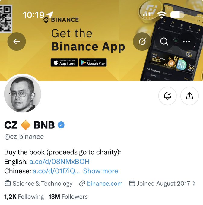 A social media profile screenshot for CZ BNB (@cz_binance) shows a verified account promoting a charity book purchase with a Binance app advertisement banner.