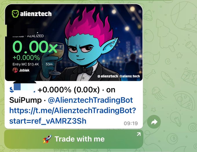 A Telegram-style promotional graphic for alienztech shows a teal-skinned character with pink flaming hair holding a martini glass, advertising a SuiPump trading bot with 0.00x returns.