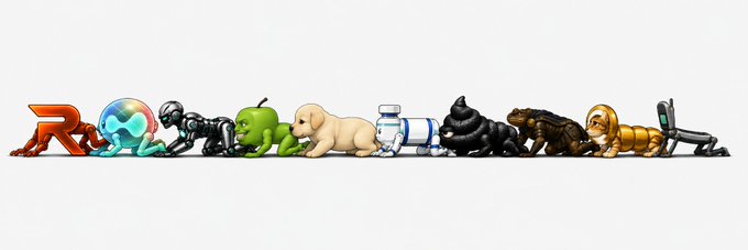 A horizontal lineup of various 3D rendered character figures arranged in a crawl pose, featuring diverse designs including a red blocky figure, an alien, a robot, a green creature, a pug, an astronaut, and figures in armored suits.