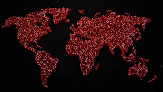 A 3D red world map on a black background.