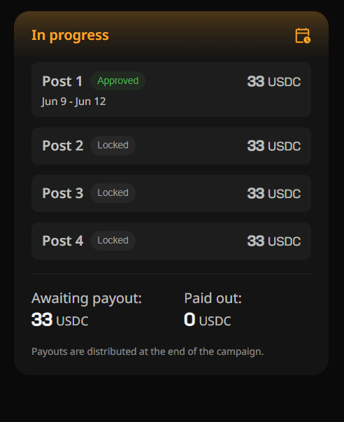 The image shows the progress bar for the "In Progress" section of a messaging app. There are four posts being processed, each with different statuses: approval, locked, rejected, and paid out. The payouts have either been approved or completed, depending on their status. Two posts appear to be paying out, while two others seem to be locked for further processing. One post shows the progress bar is in a darker shade of grey.