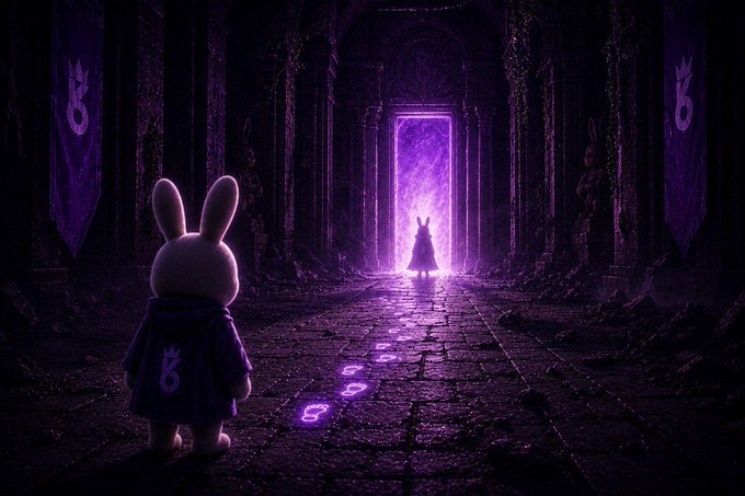 A dark, purple-lit fantasy scene where a small white rabbit in a hoodie stands in a stone corridor, looking toward a cloaked figure in a glowing doorway.