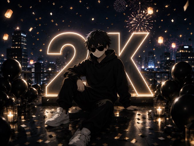 An anime-style illustration shows a character in dark clothing and sunglasses sitting on a rooftop at night in front of a large illuminated '2K' sign, surrounded by fireworks, lanterns, confetti, and a city skyline.