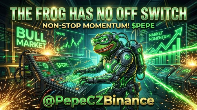 A promotional image featuring a cyberpunk-style frog character at trading consoles with the text 'THE FROG HAS NO OFF SWITCH', 'NON-STOP MOMENTUM! $PEPE', 'BULL MARKET', and the handle '@PepeCZBinance'.