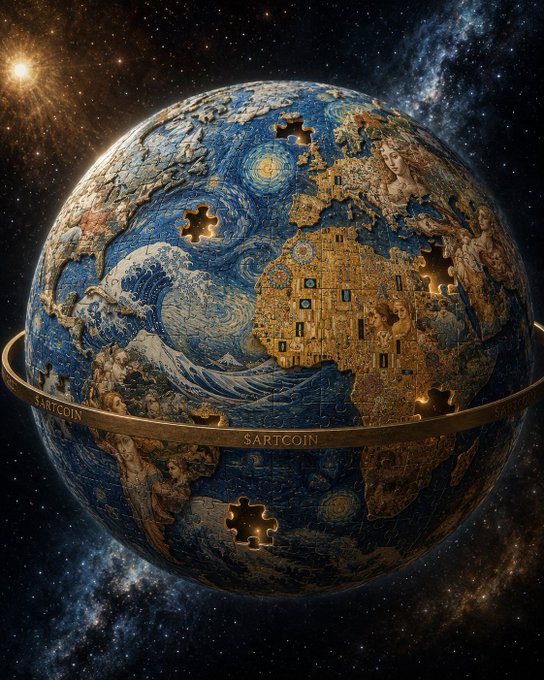 A celestial globe rendered in the swirling, textured style of Klimt and Van Gogh floats in deep space, wrapped by an inscribed ring reading "SARTCOIN," with puzzle-piece-shaped cutouts scattered across its surface. The image visually echoes the post's cryptic tone—floating pieces ("just pieces") that hint at hidden connection or entry points ("doors")—suggesting that the $ARTCOIN project is an unfinished puzzle awaiting those who have been paying attention.