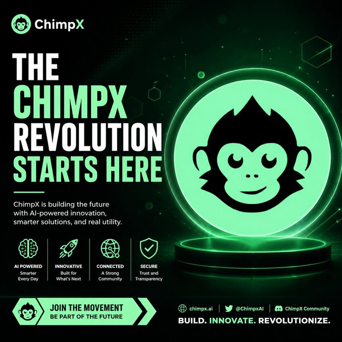 A promotional graphic for 'ChimpX' featuring a green neon-glowing chimpanzee face logo, with the tagline 'THE CHIMPX REVOLUTION STARTS HERE' and four feature highlights: AI Powered, Innovative, Connected, and Secure.