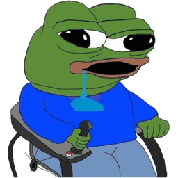 A cartoon image of Pepe the Frog depicted as sad and drooling, sitting in a wheelchair while wearing a blue shirt and gray pants.