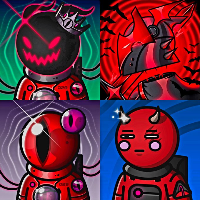 A four-panel illustration featuring red cartoon characters including a bomb-like figure with a crown marked '029,' a red armored character, and two other red demonic/devilish figures with horns against colorful backgrounds.