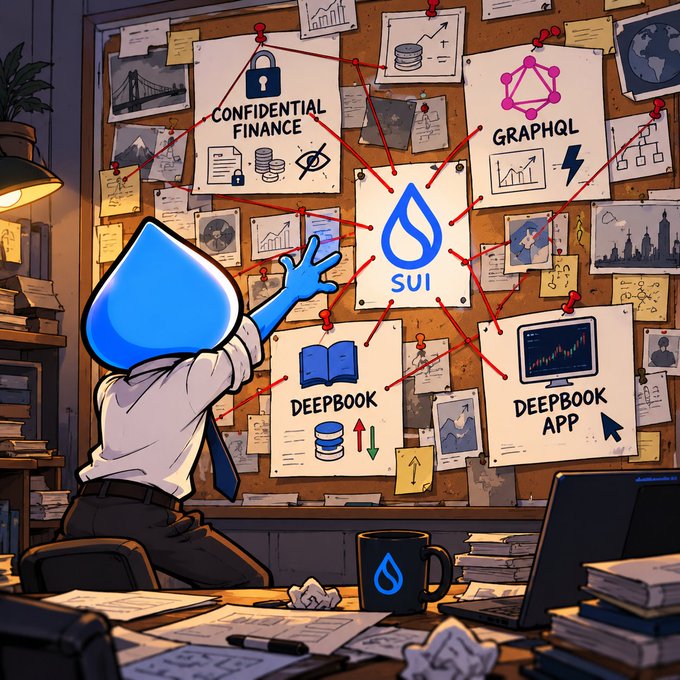 A stylized illustration of a detective figure with a blue water-droplet head examining a conspiracy board connected by red strings, featuring nodes labeled 'CONFIDENTIAL FINANCE', 'GRAPHQL', 'DEEPBOOK', 'DEEPBOOK APP', and 'SUI'.