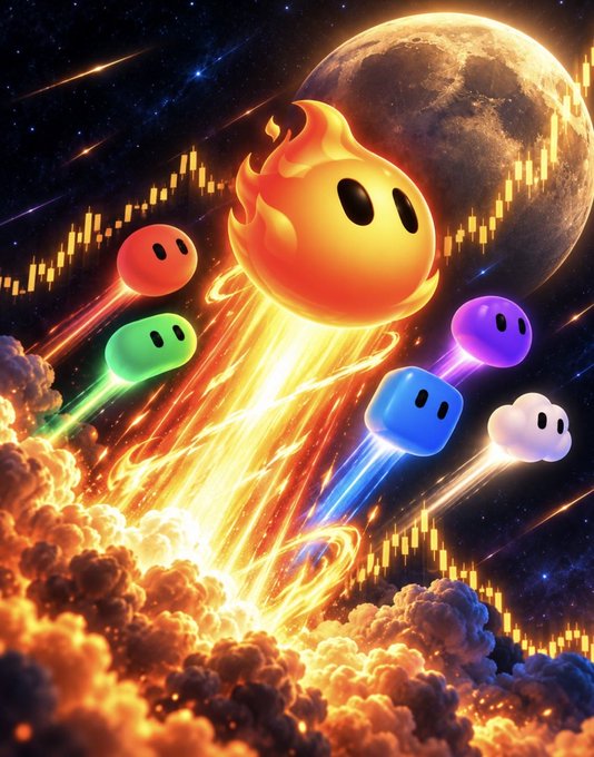 A vibrant, colorful digital artwork featuring several flame-headed ghost-like characters in various colors (red, green, purple, blue, white) flying through a space scene with a large moon, a planet's cloudy surface, and floating yellow bar graphs.
