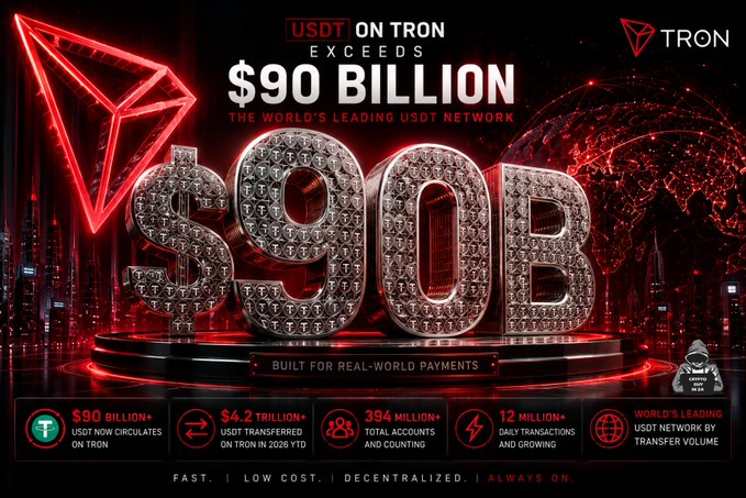 A TRON promotional graphic announcing that USDT on TRON exceeds $90 billion, highlighting stats like $4.2 trillion USDT transferred, 394 million total accounts, and 12 million daily transactions.