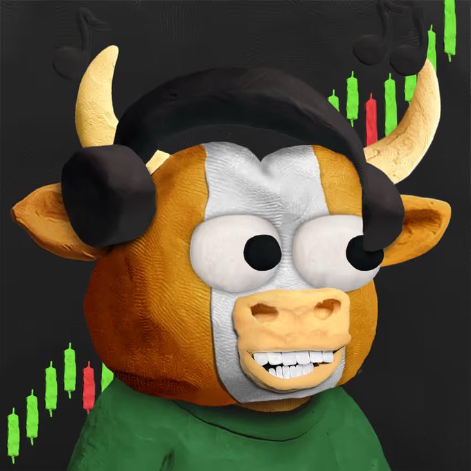 A 3D-rendered cartoon cow character with wide eyes and a toothy grin wearing a green shirt, set against a dark background with red and green stock chart candles.