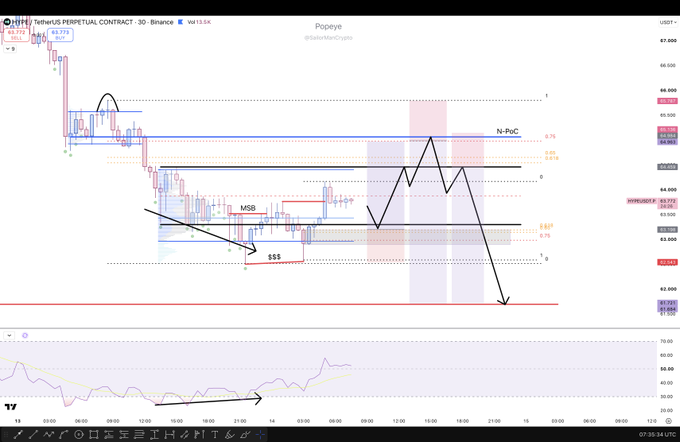 A trading chart of HYPE/USDT Perpetual Contract on Binance showing the asset bouncing from the Point of Control (PoC) and 0.75 Fibonacci level, with the RSI indicator at the bottom displaying a bullish divergence arrow. The chart illustrates the analyst's long position hitting its take profit, with annotations marking the MSB (Market Structure Break), SSS, and N-PoC levels.