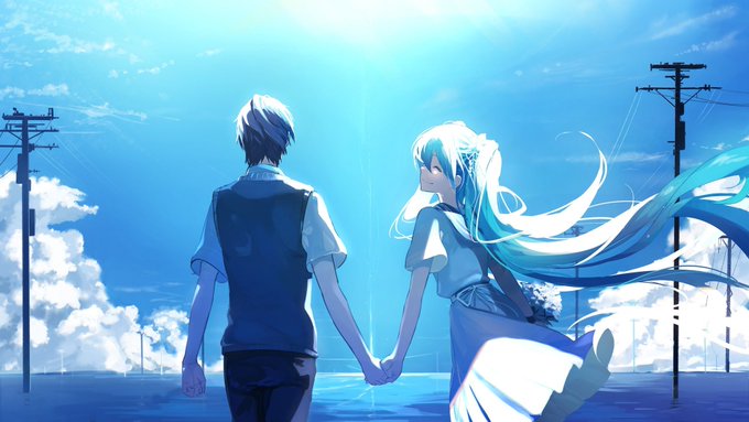 An anime-style illustration showing a boy and a girl with long flowing blue hair holding hands while walking under a bright blue sky with power lines visible.