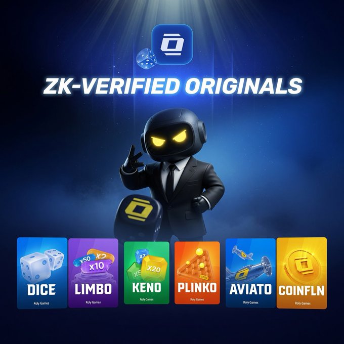 The image features a poster for a new video game called "Rolly Originals" that has been released by Onchain gaming. The poster showcases five different games from the collection, each with its own unique gameplay experience. One of these games is ROLY, which is known for its focus on strategy and critical thinking. The poster also includes text promoting a new feature in the game called "ZK-VERIFIED ORIGinals", indicating that the game's source code has been verified by Onchain. This adds an element of trust to the gaming experience, as it ensures that the game's mechanics are authentic and reliable.