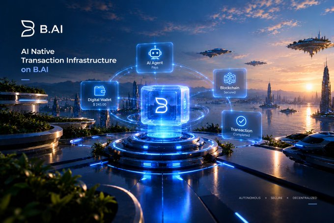 A futuristic promotional graphic for B.AI showcasing 'AI Native Transaction Infrastructure' with floating panels for AI Agent, Digital Wallet, Blockchain, and Transaction features.