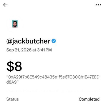 A screenshot of a payment confirmation from @jackbutcher dated Sep 21, 2026 at 3:41 PM for $8, with a transaction hash shown and status marked as Completed.