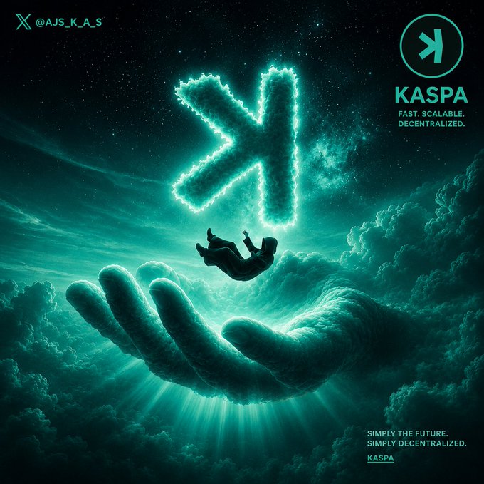 The image features a person suspended in mid-air, with their arms outstretched towards the sky. This scene is set against a backdrop of clouds and stars, creating an ethereal atmosphere. The caption for this image reads "Not all falling is failure. Sometimes it's trust. $KASPA".