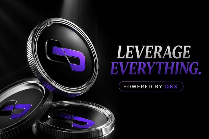 A promotional graphic for D8X displaying silver coins with a purple logo and the text 'LEVERAGE EVERYTHING. POWERED BY D8X'.